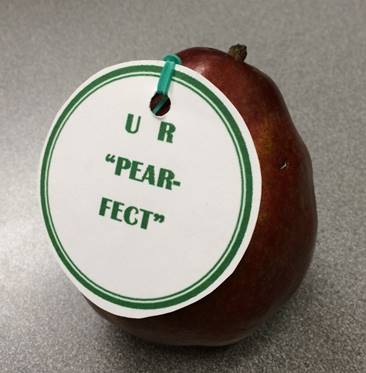  One of the Fruit Friendship Grams with "text like" message reading "U R "Pear" Fect."